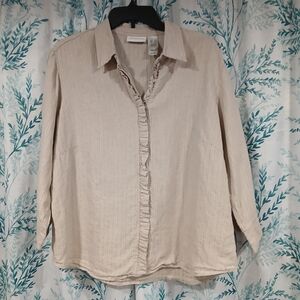 Liz Claiborne Women XL Buttoned Blouse Ruffled Collared Linen Cotton 3/4 Sleeve